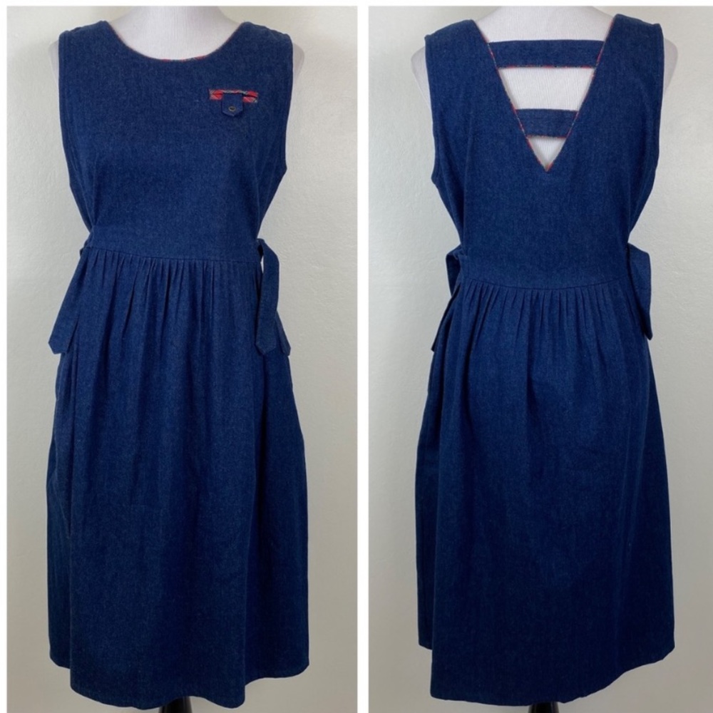 Vintage Denim Dress with Cutout Back & Plaid